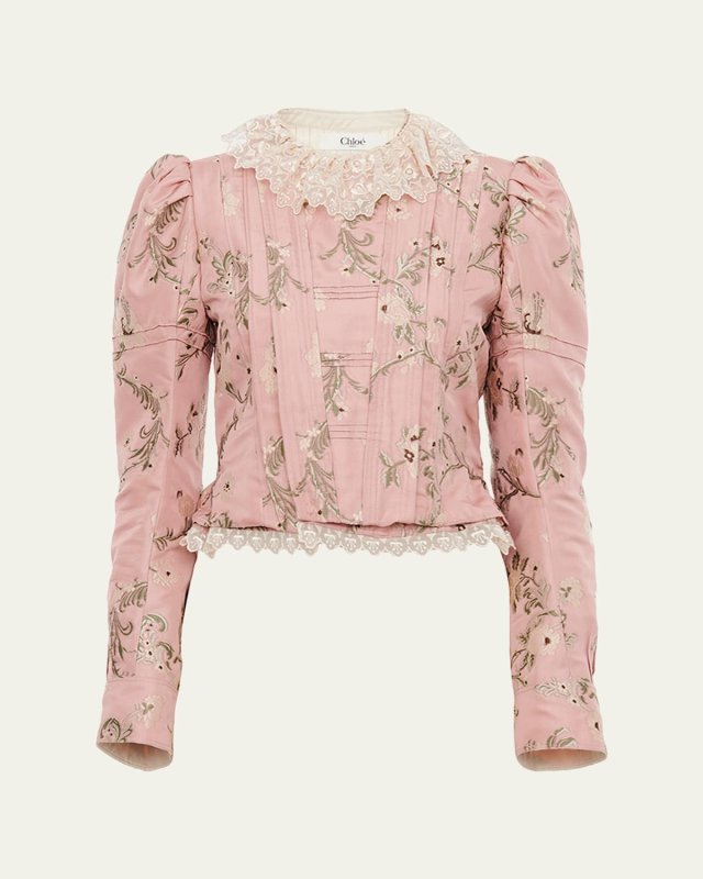 Floral-Jacquard Lace-Collar Jacket